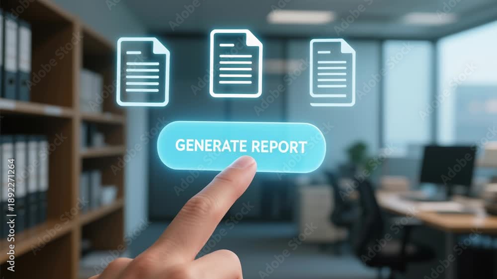 Generate report button with document icon and finger pointing glowing ...
