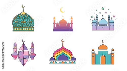 Architectural Wonders: Captivating illustrations of intricately designed mosques, each one radiating unique colors and architectural styles. A visual feast celebrating diversity of the structures