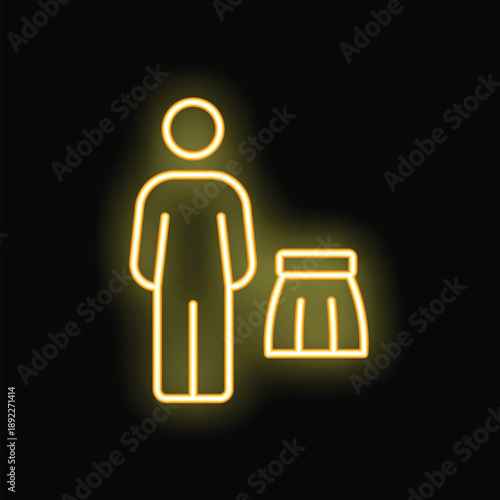Yellow neon icon of a person choosing a skirt in a fitting room, on a black background