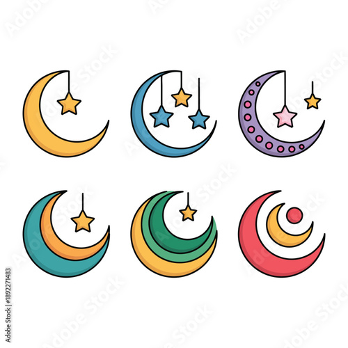 Celestial Harmony: A vibrant set of artistic moons and stars, rendered in a cheerful flat style, conjuring a sense of serenity and cosmic beauty. 