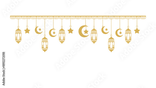 Islamic Lanterns and Emblems: An aesthetic golden banner of Islamic lanterns, stars, and crescent moons. A visual representation of cultural heritage.