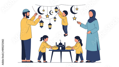 Festive Family Celebration: A Muslim family decorates for a holiday, creating a warm and inviting atmosphere. Focused on happiness and togetherness.