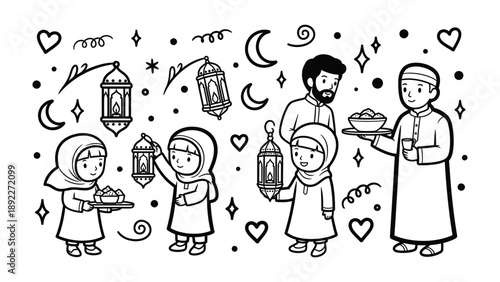 Muslim Family Celebration: A heart-warming illustration depicts a Muslim family joyfully celebrating, with children carrying lanterns and gifts under the gentle glow of crescent moons and stars.