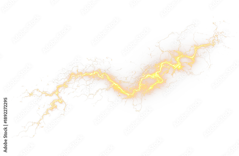 Obraz premium A vibrant yellow lightning streak arcs across the dark sky, leaving glowing neon trails. Sparks fly wildly along its path, emphasizing energy. Perfect for stormy or futuristic visuals. PNG