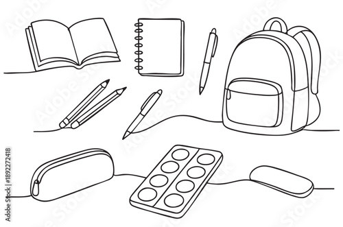 Set of hand draw school items on a sheet of exercise book. Vector illustration.