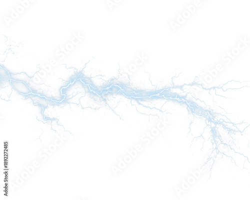 A bright blue electric bolt arcs across the dark background, leaving a glowing neon trail. Sparks flicker dynamically along its path. Perfect for digital storm effects. PNG