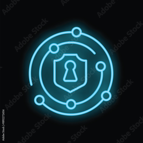 Glowing neon sign depicting a shield with a keyhole, representing a robust cyber security system safeguarding digital information