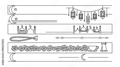 Ramadan Iconography: A minimalist monochrome graphic evokes the spirit of Ramadan, depicting traditional elements like crescent moons, lanterns, and prayer beads.