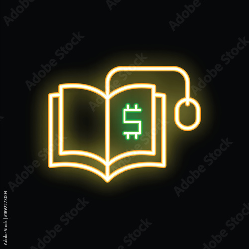 Neon sign of an open book with a dollar sign on it connected to a computer mouse representing online business and earning potential