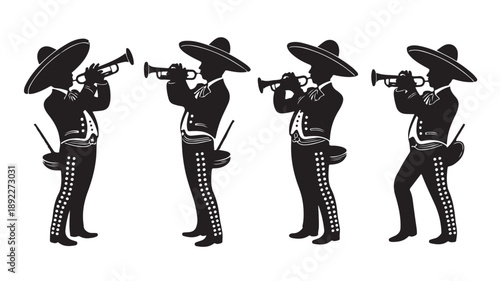 Mariachi Musicians Playing Trumpet in Traditional Mexican Outfit Isolated on White