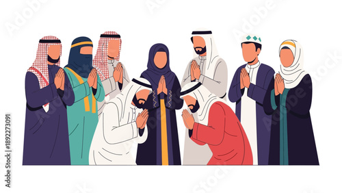Islamic Greetings: A group of Muslims, both men and women, extends warm greetings and respect through a symbolic gesture, embodying cultural solidarity. 