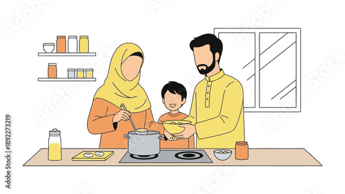 Family Cooking Together: Illustrative depiction of a Muslim family engaging in the warmth of home-cooking, symbolizing togetherness, culture, and culinary tradition.