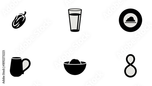 Diverse Food and Drink Icons: a simple collection of monochromatic food and beverage icons, offering a minimalist representation of various edibles and drinks.