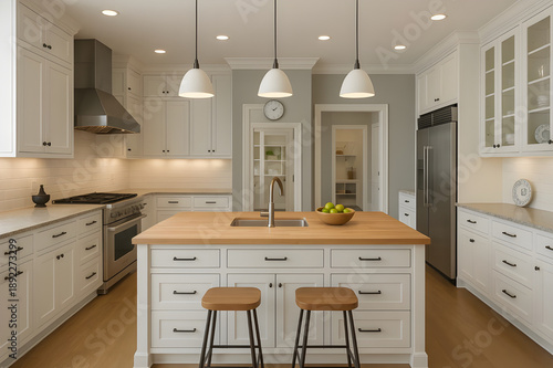 Bright, modern transitional kitchen interior featuring white shaker cabinets, butcher block island, stainless steel appliances, and wood flooring.