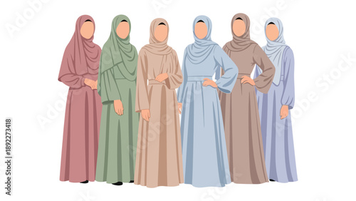 Harmony in Textiles: A group of women adorned in vibrant hijab and modest attire, their elegant outfits showcase the beauty of diversity and cultural respect. 