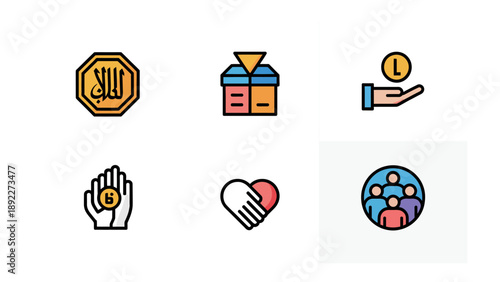 Donation Icons: A collection of vibrant icons, each representing different aspects of giving, charity, and communal support, evoking themes of generosity, goodwill, and community