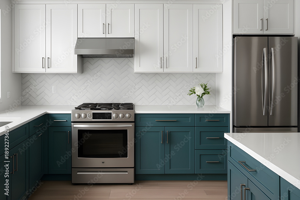 Fototapeta premium Modern kitchen interior design with two-tone cabinetry, stainless steel appliances, and herringbone backsplash.