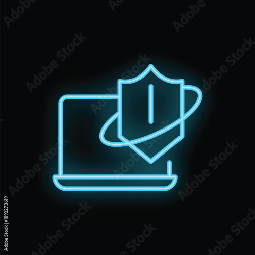 Neon shield hovering over laptop representing online security and data protection