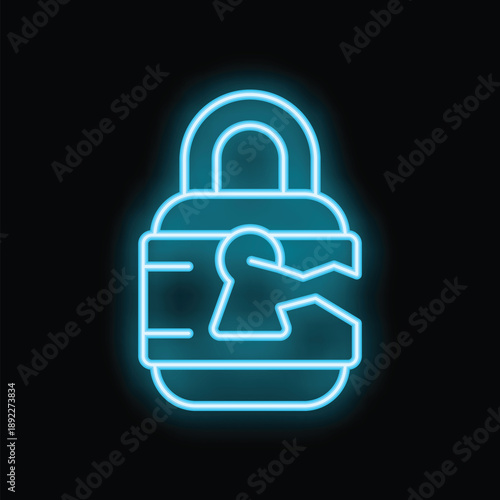 Glowing blue neon padlock breaking showing loss of security and privacy