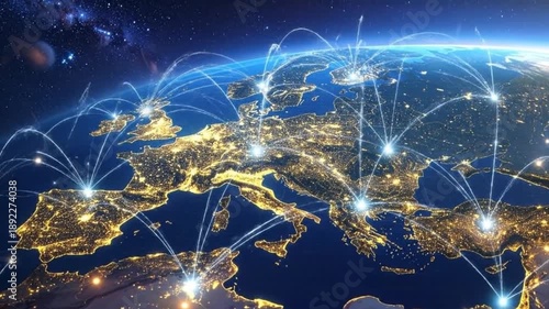 Global network connections over Europe, showcasing communication and technology across the continent.