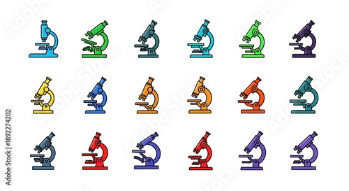 Set of colorful laboratory microscopes in various vibrant hues for scientific research and education on an isolated white background.