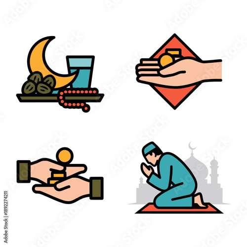 Ramadan Icon Set: A collection of vibrant icons, depicting essential aspects of Ramadan, including dates, water, prayer beads, acts of charity, and prayer, conveying the essence of the holy month.