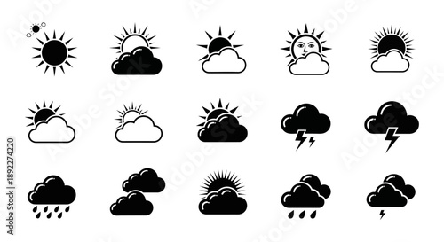 Black and White Glyph Icons Set for Various Weather Conditions Including Sunny, Cloudy, Rainy, and Stormy on Isolated White Background