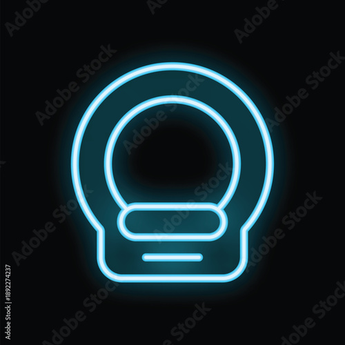 Neon medical icon of a ct scan machine glowing blue on a black background, representing modern medical imaging technology
