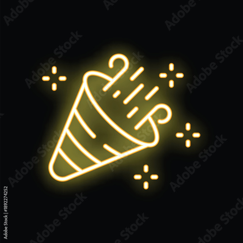 Neon yellow icon of a party popper exploding with confetti on a black background