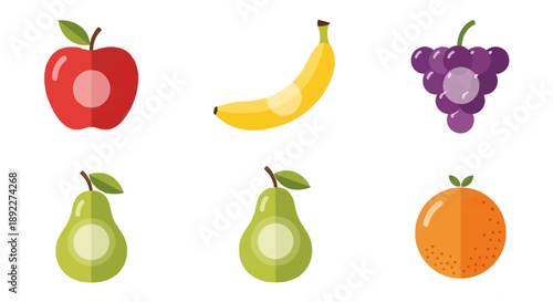 Assortment of Fresh Ripe Fruits Including Apple, Banana, Grapes, Pear, and Orange on Isolated White Background