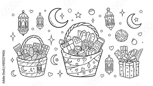 Gift Baskets Delight: A whimsical illustration showcases an assortment of intricately designed gift baskets overflowing with presents, complemented by decorative lanterns, crescent moons, and stars.