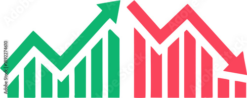 Green up arrow graph and red down arrow graph representing financial growth and decline isolated on white background