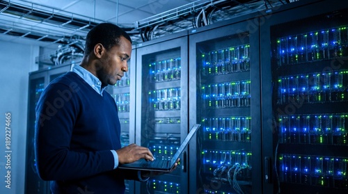 Naklejka Dedicated system administrator analyzes network performance using a laptop in a server room environment