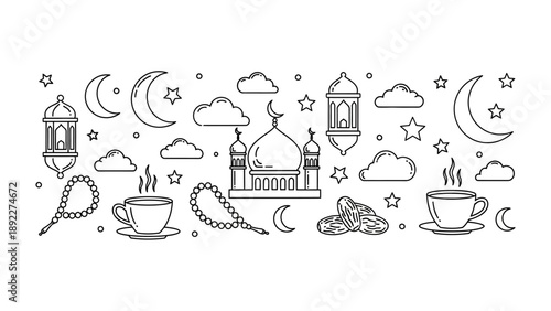Islamic themed line art: The image showcases a set of Islamic symbols and illustrations, creating a festive atmosphere perfect for holiday designs, celebrations, and greeting cards.