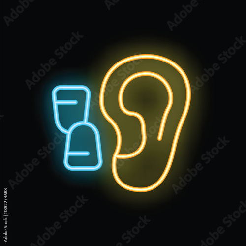 Glowing neon icon of earplugs protecting hearing, promoting ear safety and noise reduction
