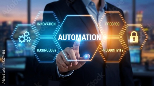 Business professional interacts with digital holographic interface highlighting key drivers for process automation success