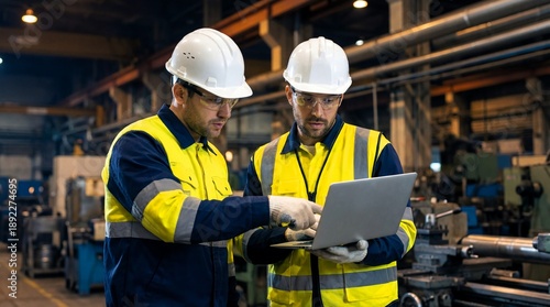 Two industrial engineers in protective gear collaborate reviewing data on a modern laptop computer