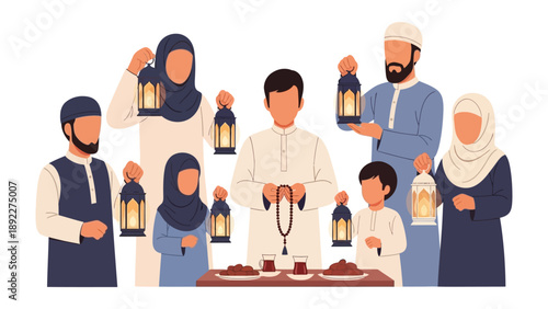 Ramadan Family Celebration: A united family joyfully celebrates the spirit of Ramadan, sharing moments of togetherness with traditional lanterns. 