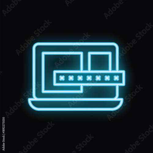 Neon blue laptop showing password protected website login screen with hidden password field for cybersecurity and privacy concept