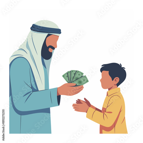Generous Gift: A figure, radiating warmth, shares a symbolic gesture of kindness, presenting a young recipient with the promise of currency, embodying the spirit of sharing and mutual support.
