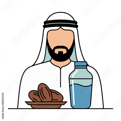 Cultural Portrait: A stylized illustration presents a dignified figure adorned in traditional garb, complemented by a serene setting featuring a platter of dates and a clear water bottle.