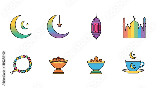Ramadan Icon Set: A vibrant collection of icons representing the holy month of Ramadan, showcasing key symbols such as the crescent moon, lantern, mosque, and dates.