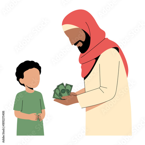 Islamic Charitable Giving: Depicting a scene of generosity, a person extends currency to a child, emphasizing the act of giving.