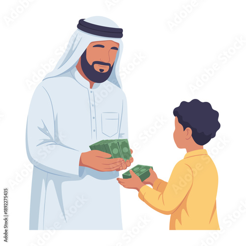 Generosity and Passing Money: A culturally-dressed figure shares wealth, extending a gesture of giving to a young person.