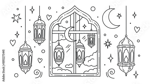 Nighttime window frame decorations:  Intricate line art illustrates a nighttime scene with a window frame adorned with hanging lanterns, stars, hearts, and a crescent moon.