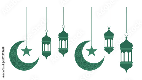 Lanterns and Crescent Moon: Artistic representation of traditional lanterns and crescent moons, symbolizing spirituality and cultural festivities, suspended in mid-air. 
