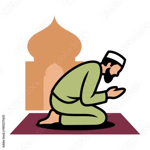Muslim Prayer: A devout figure kneels in prayer, engrossed in the act of worship against the backdrop of an iconic religious structure.