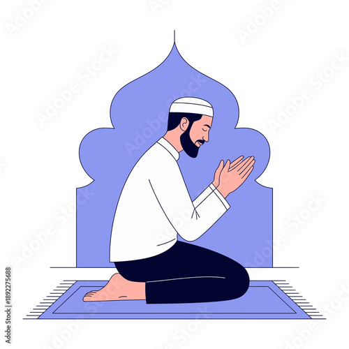 A Moment of Devotion: A Muslim figure, in a posture of sincere reverence, is depicted in quiet supplication, with an backdrop hinting at traditional architecture, alluding to the sacred act of prayer.
