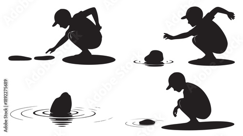Boy Skipping Stones on Water Silhouette Set