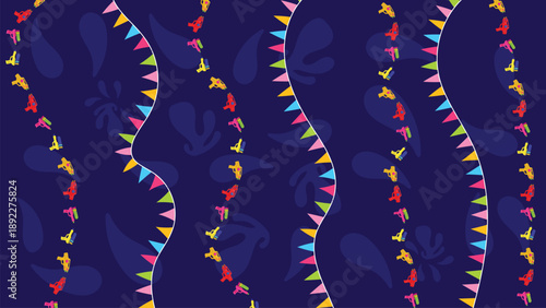 Minimalist Cartoon Songkran Festival Seamless Pattern with Water Pistols Confetti and Wavy Panels for Party Banner Background